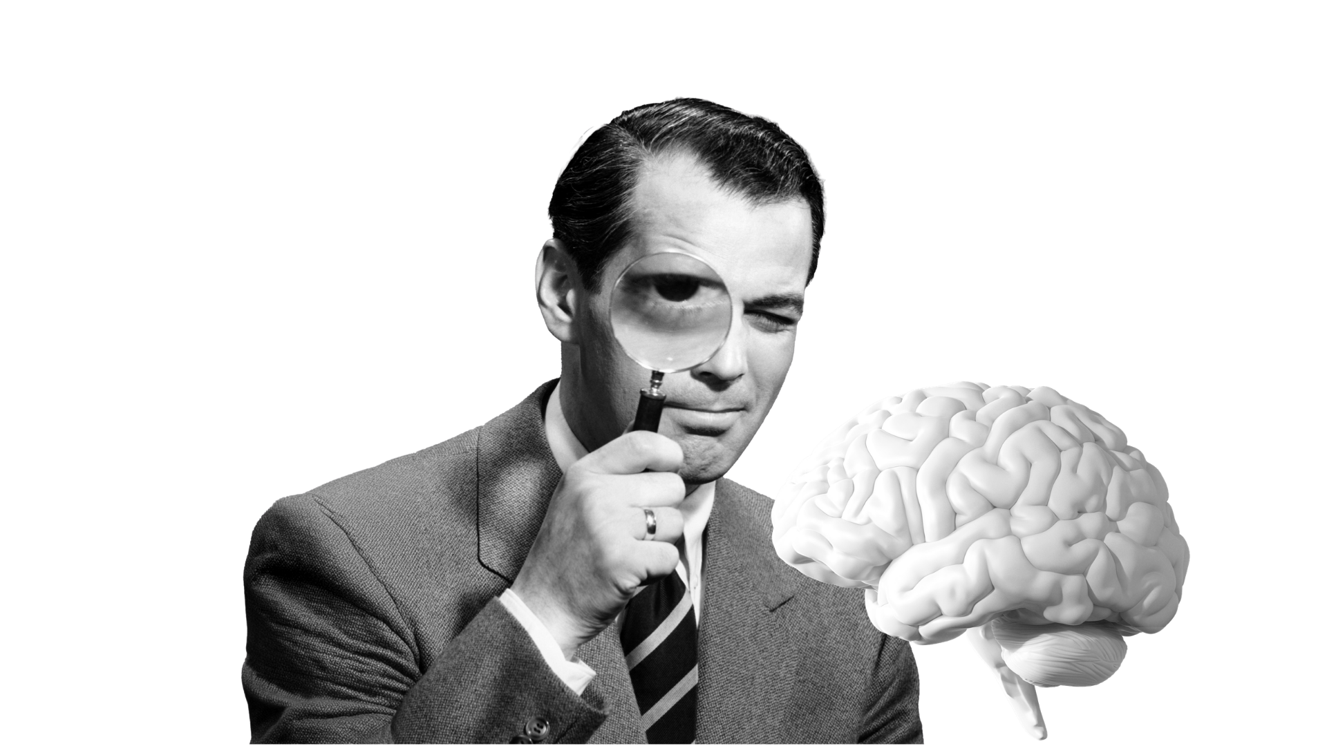 Uomo con lente d'ingrandimento osserva un cervello